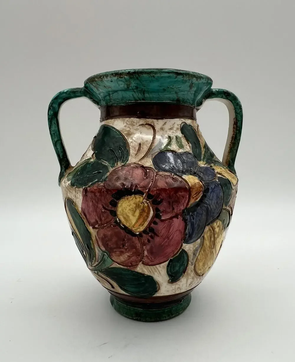 Italian Art Pottery Hand Painted Double Handle Vase 5” Flowers & Boat Signed
